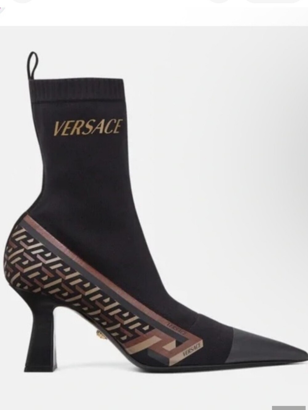 SALE Versace Black and Gold Logo Sock Ankle Boot with Geometric Accent